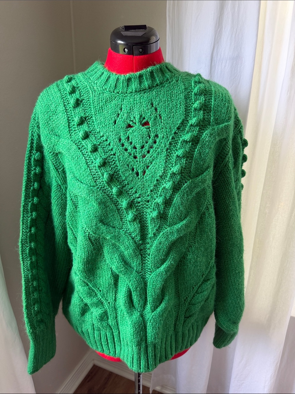 Mango Kelly Green Cable Knit Sweater with Bobble and Lace Details